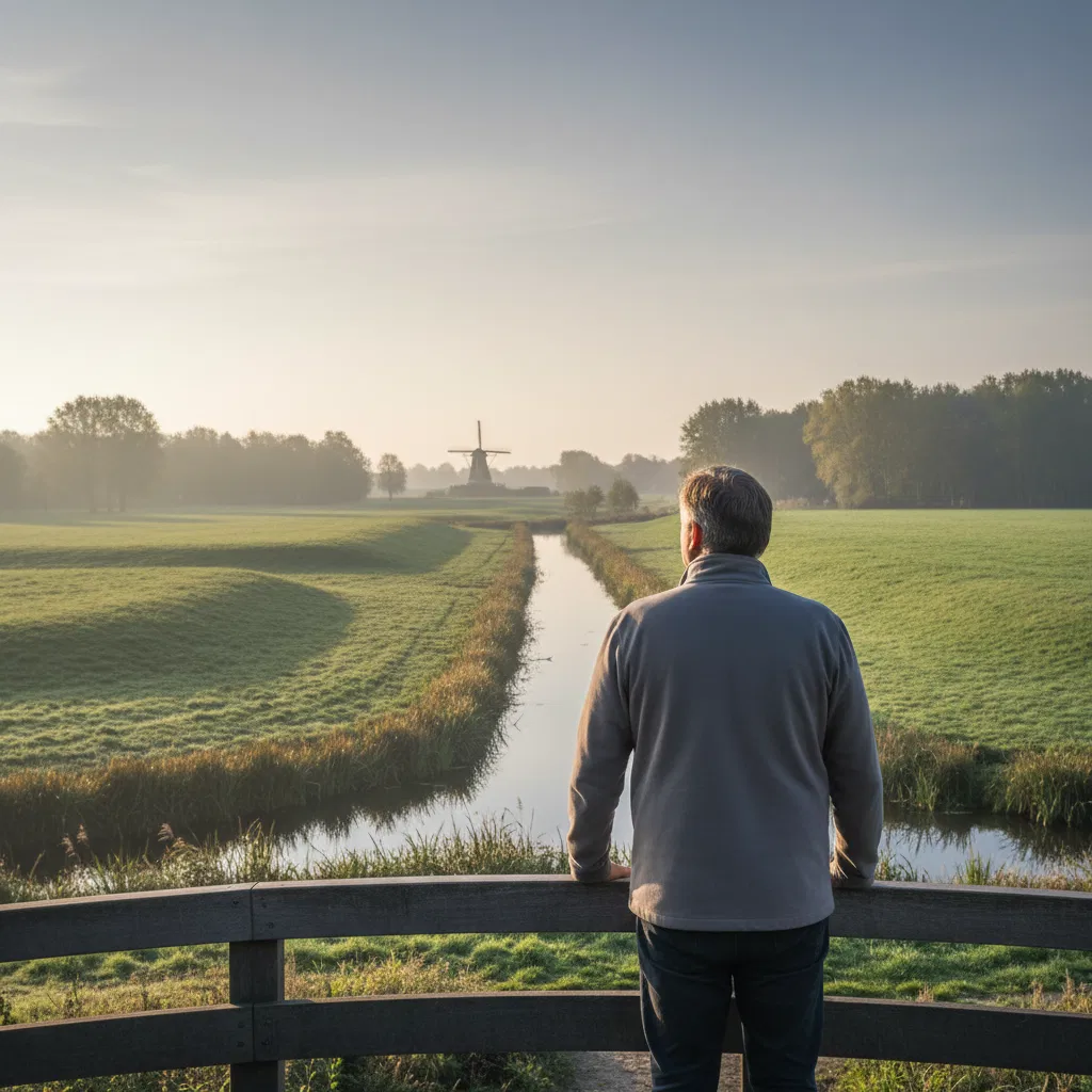 Redacteur The Oakmont Review van achteren kijkend over een groen Nederlands park