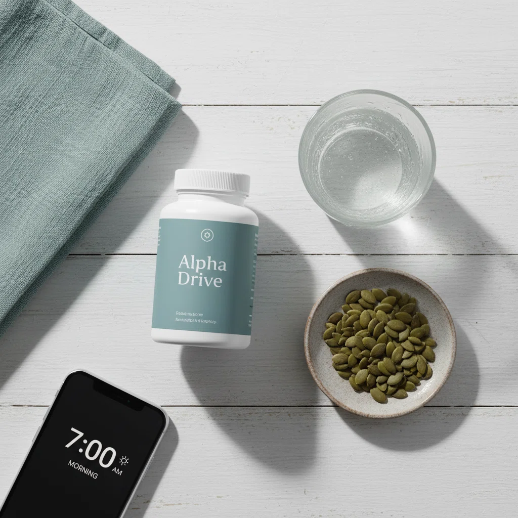 Ochtendroutine opstelling: Alpha Drive fles, glas water en pompoenzaden op Scandinavische tafel